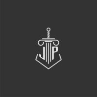 jp iniziale monogramma legge azienda con spada e pilastro logo design vettore