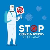 fermare la campagna contro il coronavirus con un uomo in tuta ignifuga vettore