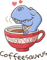 carino cartone animato dinosauro posa nel il tazza di caffè vettore