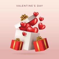 design di San Valentino. scatole regalo rosse realistiche. confezione regalo aperta piena di oggetti decorativi festivi. banner per le vacanze, poster web, flyer, brochure elegante, biglietto di auguri, copertina. sfondo romantico vettore