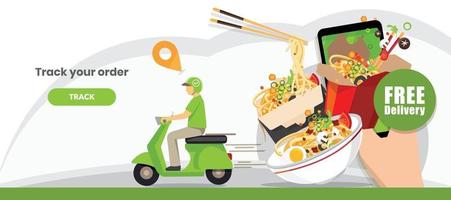 servizio di consegna cibo, servizio di consegna scooter, illustrazione vettoriale