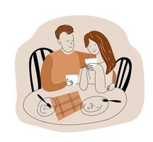 giovane uomini e donne avere prima colazione insieme.fine settimana mattina contento coppia, mattina caffè, vettore scarabocchio impostato illustrazione.
