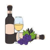 grappolo d'uva con bicchiere di vino e bottiglie vettore