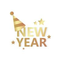 felice anno nuovo lettering dorato con cappello da festa e stelle vettore