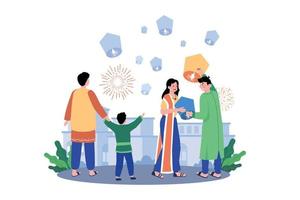 famiglia rilasciando cielo lanterne nel il sera cielo indiano Festival vettore