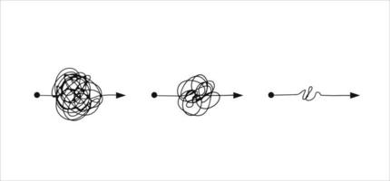 groviglio di Linee. disfacimento il sentiero. psicologico concetto di soluzione mentale i problemi. caotico disordinato bugna. semplificando il complesso vettore