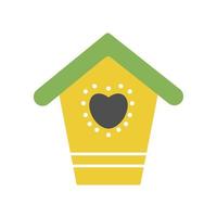 carino giallo birdhouse con verde tetto. protezione di uccelli. uccello alimentatore, di legno edifici fatto di tavole. fatto a mano o mestieri fatto di legna e chiodo. primavera vettore illustrazione su bianca sfondo