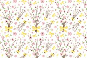 senza soluzione di continuità modello con fioritura rami di ciliegia, sakura. mazzo con primavera mini cuffie, fiorire e fiori. per saluto carte, tessili, involucro carta, sfondo. primavera illustrazione, bianca sfondo vettore