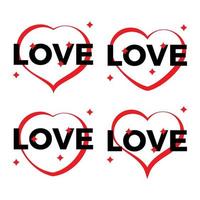impostato di quattro rosso cuore lineamenti su un' bianca sfondo con nero iscrizione amore. vettore illustrazione.