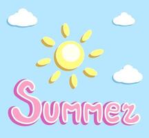 estate stagione manifesto con mare, sole, nuvole e estate parola nel mano scritto lettering stile, vettore estate manifesto, cartone animato striscione.