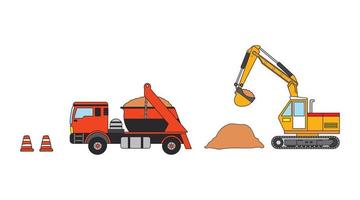 clip arte colore bambini impostato di costruzione mini escavatore, cumulo di rifiuti camion, e traffico coni vettore