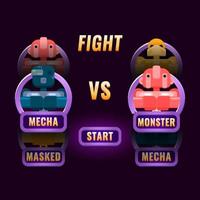 la selezione del personaggio di combattimento dell'interfaccia utente del gioco viola lucido si apre per l'illustrazione vettoriale dell'interfaccia 2d gui