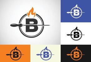 iniziale B lettera alfabeto con un' spiedo e fuoco fiamma. logo design per barbecue, seekh kebab, eccetera. vettore