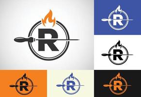 iniziale r lettera alfabeto con un' spiedo e fuoco fiamma. logo design per barbecue, seekh kebab, eccetera. vettore
