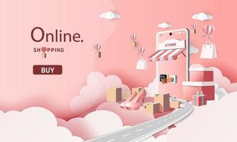 paper art shopping online su smartphone e nuovo sfondo rosa di promozione della vendita di acquisto per l'e-commerce del mercato banner.