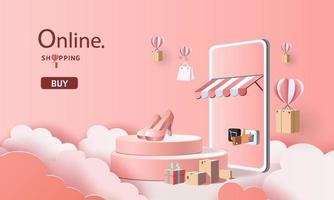 paper art shopping online su smartphone e nuovo backgroud di promozione della vendita di acquisto per l'e-commerce del mercato dei banner. vettore