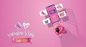 concetto di shopping online di san valentino, sito Web o applicazione per telefono cellulare, marketing e marketing digitale. smartphone di promozione, consegna veloce. illustrazione di design piatto vettoriale 24 ore di shopping