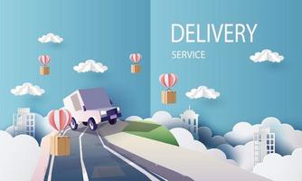 cartone animato di furgone del corriere di arte di carta nel servizio di consegna della città e arte e illustrazione di vettore dello shopping online.