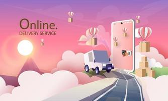 cartone animato di furgone del corriere di arte di carta nel servizio di consegna della città e arte e illustrazione di vettore dello shopping online.