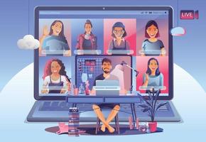 atterraggio in videoconferenza. persone sullo schermo del computer tenendo con i colleghi. videoconferenza e riunione in linea della pagina di vettore dell'area di lavoro uomo e donna. auto-quarantena per evitare il vettore covid -19