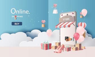 paper art shopping online su smartphone e nuovo sfondo rosa di promozione della vendita di acquisto per l'e-commerce del mercato banner. vettore