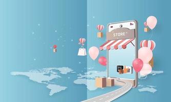 paper art shopping online su smartphone e nuovo sfondo rosa di promozione della vendita di acquisto per l'e-commerce del mercato banner.