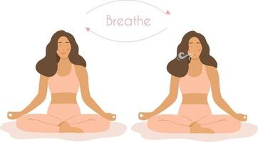 un' donna si siede nel il loto posizione fa respirazione esercizi per bene rilassamento. respirare nel e partire su per riposo. in profondità respirazione metodo e meditazione. il concetto di Salute e benessere.sano yoga vettore