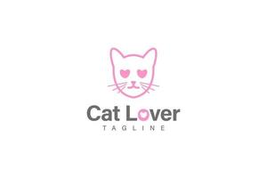 gatto cura o gatto amante logo design vettore testa gatto e amore simbolo su occhi concetto