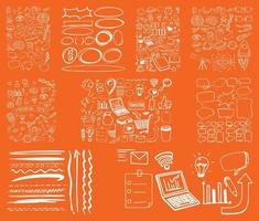 set di oggetti e simboli disegnati a mano doodle su sfondo arancione vettore