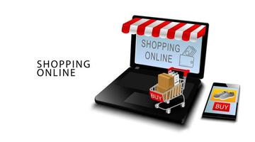 concetto di acquisto online, smartphone e laptop con carte di credito, prodotti sul carrello con sfondo bianco isolato