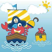 carino Granchio pirata su barca a vela, stella marina su Tesoro il petto, vettore cartone animato illustrazione