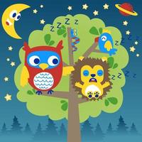 carino animali addormentato su albero a notte, vettore cartone animato illustrazione