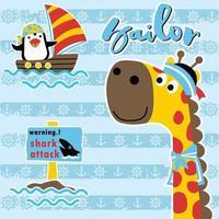 carino giraffa indossare marinaio berretto, pinguino su barca a vela, squalo attacco cartello stradale avvertimento su a strisce sfondo, vettore cartone animato illustrazione