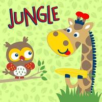 carino giraffa mangiare Mais, divertente gufo perching su albero rami, vettore cartone animato illustrazione