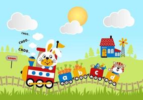 carino coniglio con gatto su vapore treno trasporto colture su rurale scena sfondo , vettore cartone animato illustrazione