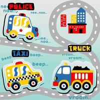 veicoli nel il città strada con edifici, vettore cartone animato illustrazione