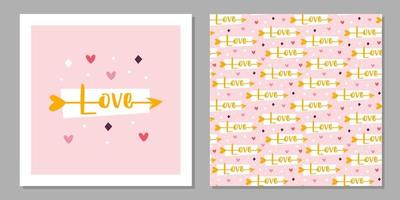 vacanza di San Valentino. amo il design della cartolina d'auguri. freccia di Cupido con scritte d'amore. relazione, emozione, passione. modello senza soluzione di continuità, trama, carta, imballaggio. vettore