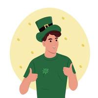 contento st. Patrick giorno. giovane sorridente irlandesi uomo festeggiare e gesticolando. vettore piatto illustrazione isolato su bianca.