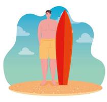 uomo con tavola da surf in spiaggia, stagione delle vacanze estive vettore