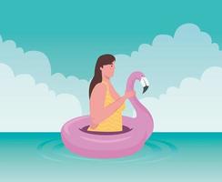 donna carina su un galleggiante, stagione delle vacanze estive vettore