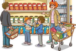 shopping bambini e famiglia cartone animato vettore illustrazione