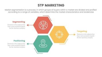 stp marketing strategia modello per segmentazione cliente Infografica con Favo forma verticale direzione concetto per diapositiva presentazione vettore