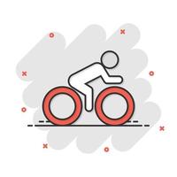 persone su bicicletta cartello icona nel comico stile. bicicletta vettore cartone animato illustrazione su bianca isolato sfondo. uomini Ciclismo attività commerciale concetto spruzzo effetto.