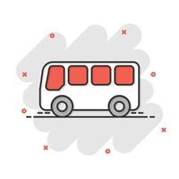 scuola autobus icona nel comico stile. autobus vettore cartone animato illustrazione su bianca isolato sfondo. allenatore trasporto attività commerciale concetto spruzzo effetto.