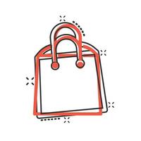 shopping Borsa icona nel comico stile. borsetta cartone animato cartello vettore illustrazione su bianca isolato sfondo. pacchetto spruzzo effetto attività commerciale concetto.