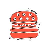 hamburger cartello icona nel comico stile. Hamburger vettore cartone animato illustrazione su bianca isolato sfondo. hamburger al formaggio attività commerciale concetto spruzzo effetto.