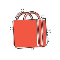 shopping Borsa icona nel comico stile. borsetta cartone animato cartello vettore illustrazione su bianca isolato sfondo. pacchetto spruzzo effetto attività commerciale concetto.