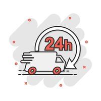 vettore cartone animato consegna camion 24 ore icona nel comico stile. 24 ore veloce consegna servizio spedizione cartello illustrazione pittogramma. auto furgone attività commerciale spruzzo effetto concetto.