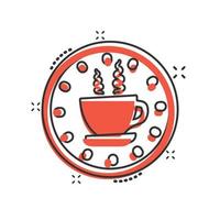 caffè rompere icona nel comico stile. orologio con tè tazza cartone animato vettore illustrazione su bianca isolato sfondo. prima colazione tempo spruzzo effetto attività commerciale concetto.