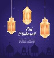 celebrazione di eid al adha mubarak con lanterne appese vettore
